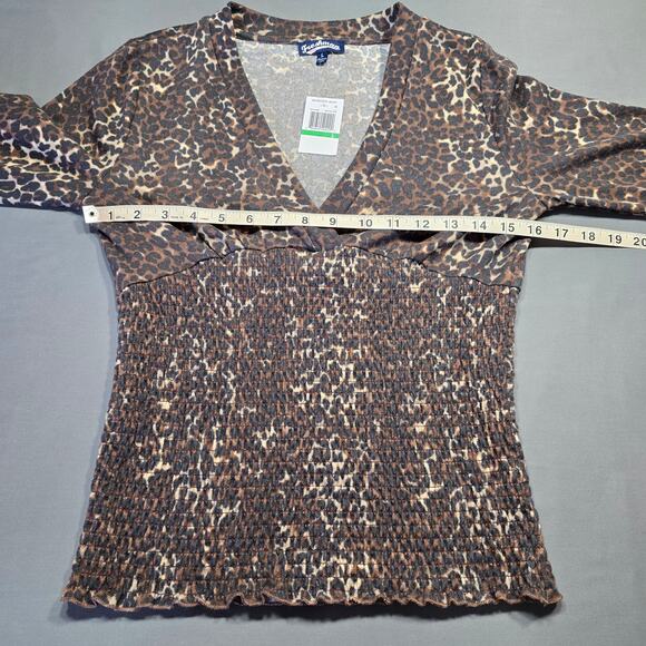Freshman 1996 Long Sleeve Leopard Print Shirt Womens Size Large Brown V-Neck Top - Picture 6 of 11